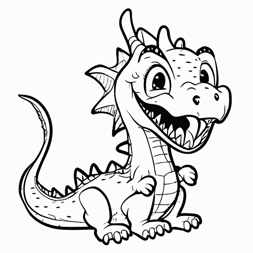 black and white vector based coloring page of a cute smiling dragon on a white background