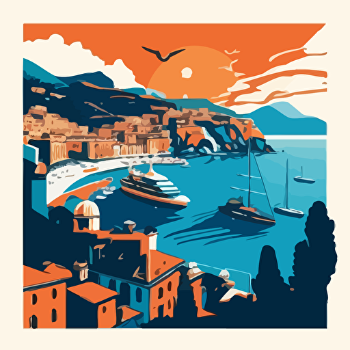 vector image of Monaco, using only orange and blue colours, simple cartoon style shading, very simple, harbour, ocean, blue skies, hill