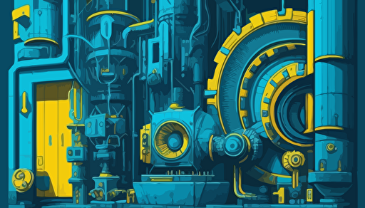cyberpunk industrial assemblages, bright blue and yellow, vector art