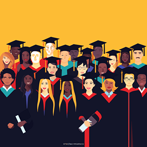 Vector illustration of college school students at their graduation at school, with smile,wide shot, all races, in vivid colors