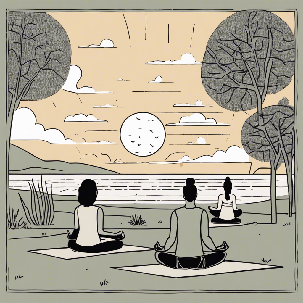 Yoga class practicing outdoors at sunrise, illustration in the style of Matt Blease, illustration, flat, simple, vector
