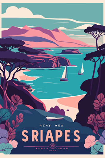 flat vector art illustration | travel poster featuring | Port Stephens Heads| Pastel blues, pinks, and purples | Wide Angle
