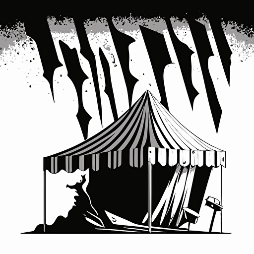 a pop-up market tent that has a broken leg. Black and white, vector image