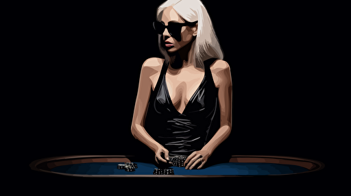 Lady Gaga in super tight black rubber dress, big sunglasses, standing at a poker table in a dark room vector illustration