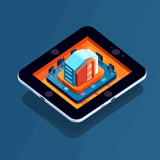 flat vector icon, ruggedized tablet in front of a prison, blue and orange and white and dark gray, isometric