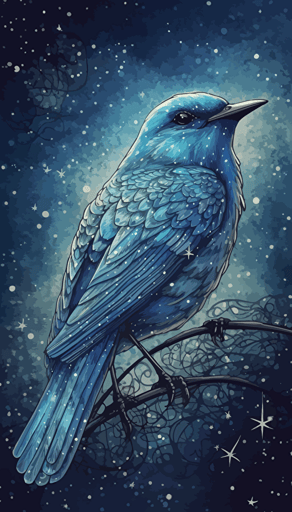 a drawing of a blue bird with stars around it, vector art by Muggur, featured on deviantart, auto-destructive art, flat shading, shiny, official art