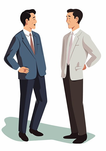 Image of competent and incompetent leaders of South Korea looking at each other, one smiling and one angry, man in suit, dry and neat, white background, Artsy flat vector illustration