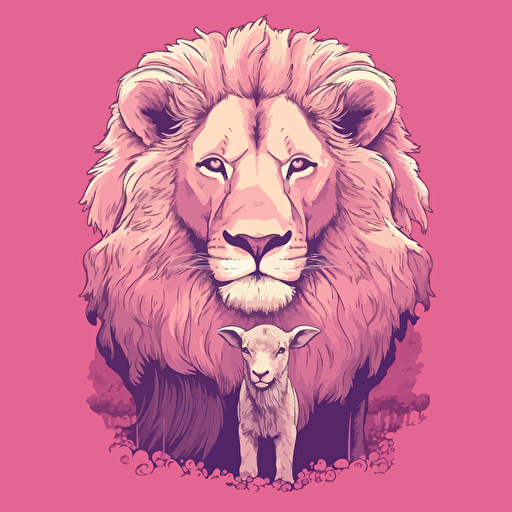 a picture of a lamb in the bottom mane of a lion , vector like style in pink shades