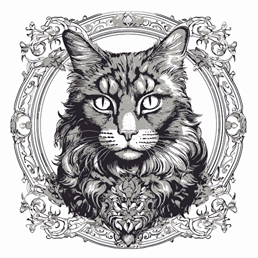 Gustave Dore style illustration vector of gothic cat, face painted, no color, no shading, vector, black and white, white background