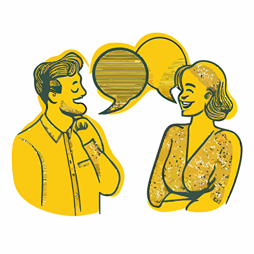 yellow vector line drawing clip art, cartoon two people talking, fun, cozy