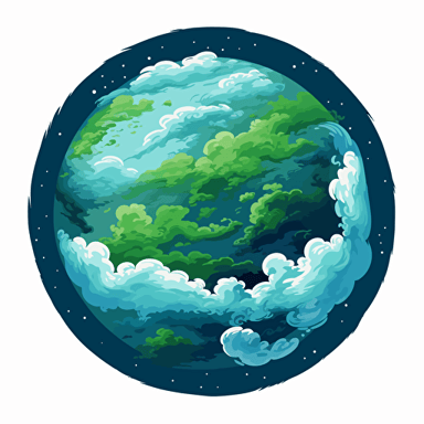 the world seen from space with clouds around it, green and blue planet, clouds are white, vector art, cartoon, background should be solid black