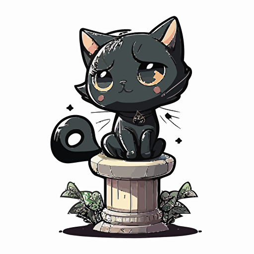 chibi style, hand drawn cartoon, black, cute female cat sitting on a pedestal, white background, vector, High definition