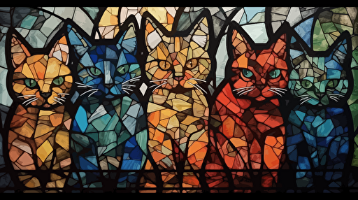 stained glass collage, cats, vector, minimal, black copic marker pen