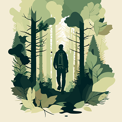 adobe illustractor vector style illustration of man walking through forest, — ar 17:22, sage green colours