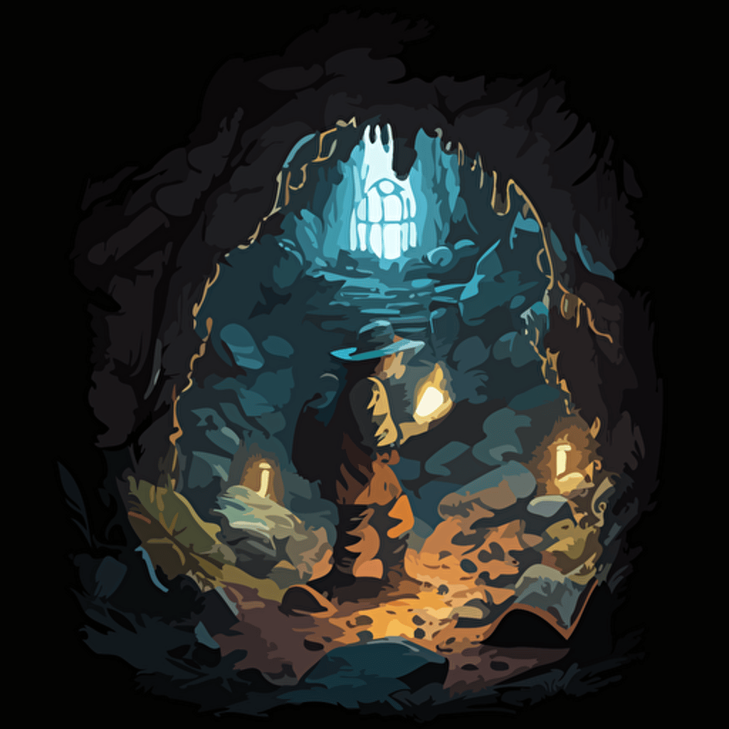 Influenced by the idea of exploration, create a vector illustration of Satoshi Nakamoto discovering a hidden underground cave filled with ancient inscriptions about digital currencies. Set the scene in a mystical, mysterious environment.