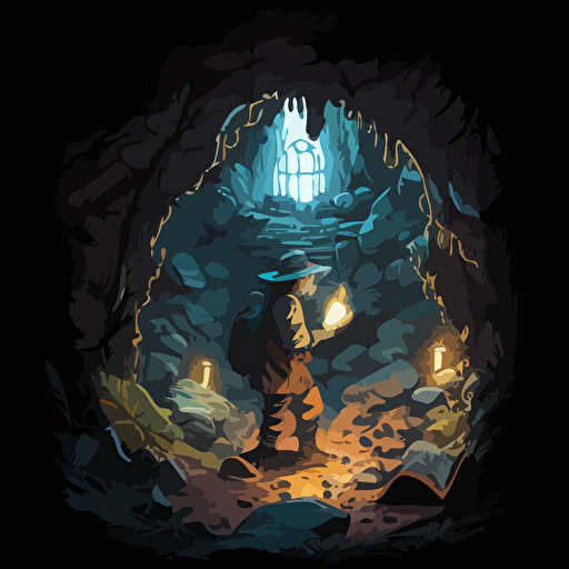 Influenced by the idea of exploration, create a vector illustration of Satoshi Nakamoto discovering a hidden underground cave filled with ancient inscriptions about digital currencies. Set the scene in a mystical, mysterious environment.
