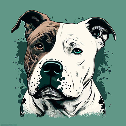 vector style fat pitbull/bulldog mix, white with black ear, huge eyes