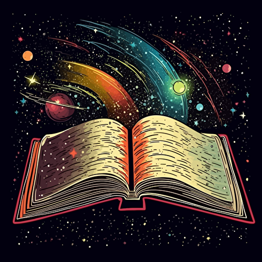 an open book with a universe coming out of the pages, vector, art