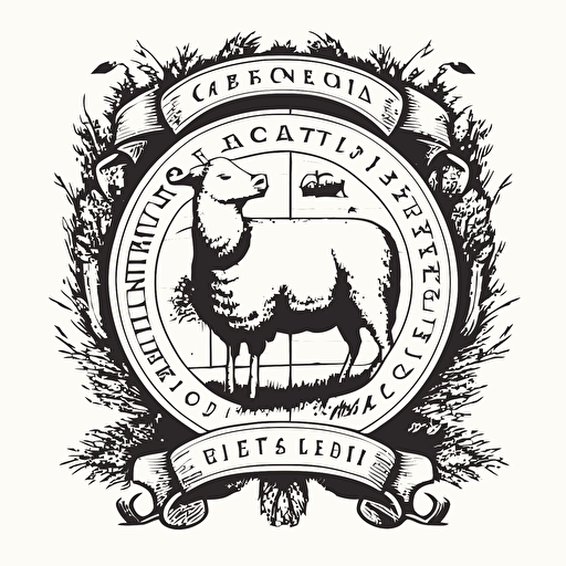 line drawing coat of arms, iowa barn:2, sheep head, corn wreath:2, Vector