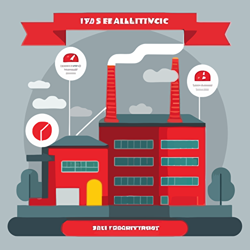 A factory with an energy efficiency label, 2d flat design, freepik. com style, cartoon style, vector image, vector image, minimalist, simple design, basic design, red, gray, simple gray background