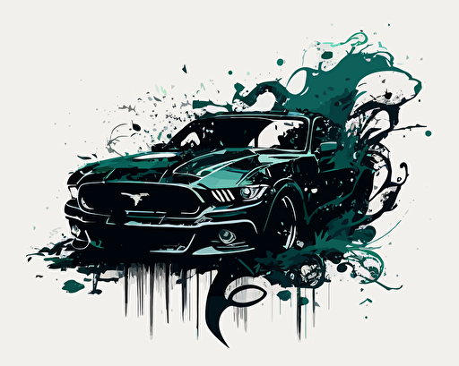 vector image of a ford mustang on a minimal background with a splash of dark green but the car is black