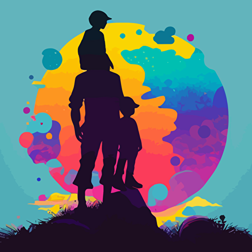 an illustrated kids album cover art, a young child sitting on top of dad's shoulders looking away, silhouette no faces, bright happy pastel colors, vector art