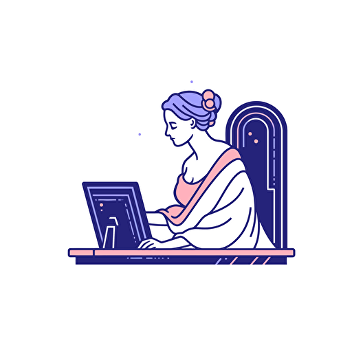 A women ancient Greek Philosopher thinking pose watching a computer connected to an AI machine, futuristic, minimalist, ronded vector logo, white background