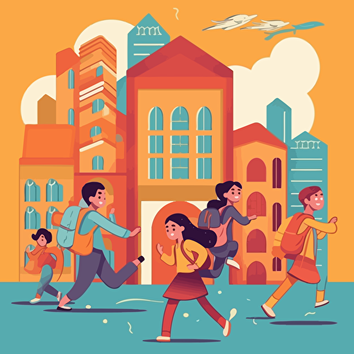 Vector illustration of schoolchildren and students running to study and education for a poster. The style is colourful, fluid and contempory, Modern flat vector concept illustrations. Must have the text BAHASA MELAYU as the book title.