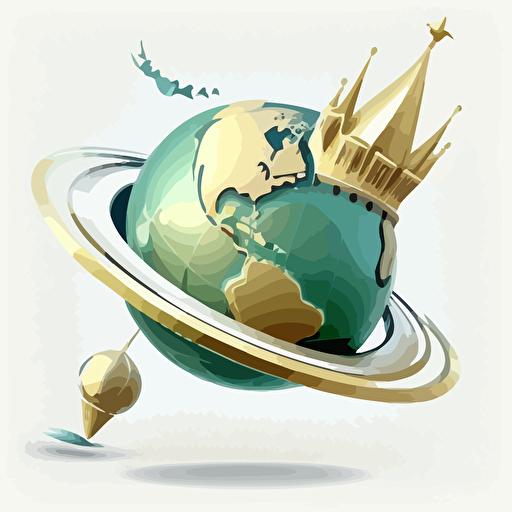 vector logo of globe with crown floating above it, alien ship and a satellite both orbit the globe, white background