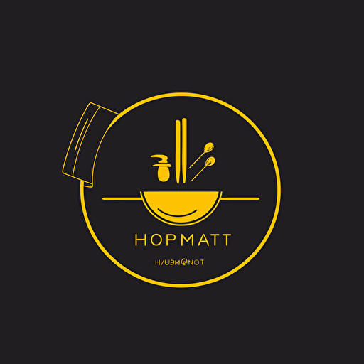 Simple logo design of hot pot restaurant, Hotpot with fish and meat inside, a pair of chopsticks, flat 2d, vector, company logo, by Kazi Mohammed Erfan, yellow color, black background