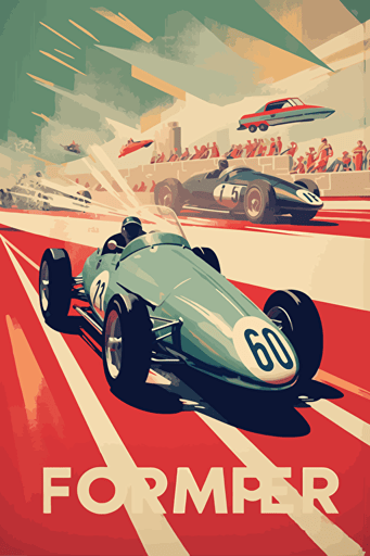 modern poster style, 1950's racing event, speed, flags, spectators, summer, vector art, light colours,
