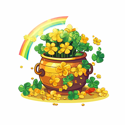 pot of gold, rainbow, flowers, detailed, cartoon style, 2d clipart vector, creative and imaginative, hd, white background
