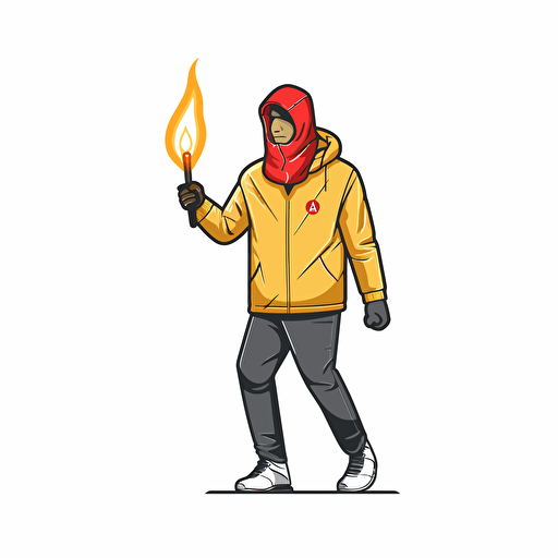 2d vector icon. a Arsenal FC ultra supporter is holding a golden flare torch. Supporter is wearing a stone island jacket and a balaclava.