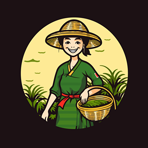 a mascot logo of a smiling assamese tea plucker wearing her lage hat standing in tea bushes with her basket behind her , japanese style, simple, vector