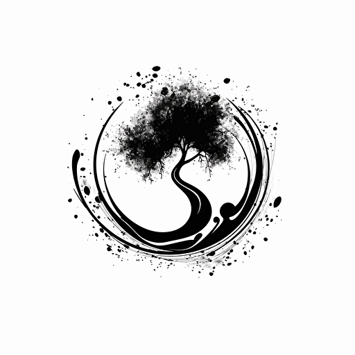black logo of a earth turning into a tree with a swirl of ink, Minimalistic, design, modern. White background, vector, creative