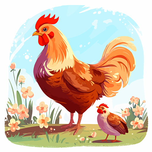cute hen with a chick on the farm, cartoon, vector style