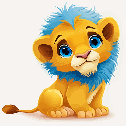 A gorgeous yellow and blue baby fur lion, smiling, white background, vector art , pixar style