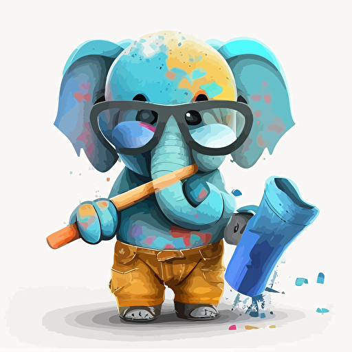 a very cute baby elephant wearing very big sunglasses dressed up as a carpenter, as a cartoon type, as a vector, white background, bright graffiti colors