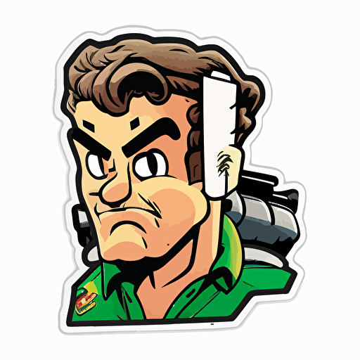 Cartoon [Farmer] head Sticker, white background , [80's sci-fi colours], vectorised, die cut sticker, no image noise, no lettering, hyperdetail, maximum detail