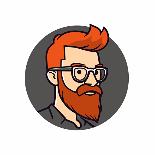 a vectorized logo of a man with glasses, with very short receding hair, with a outlined 5-day red beard looking to the right side, rounded