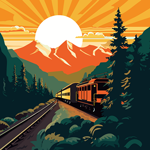 simple vector art of train passing by, trees, sun and mountains behind the train, railroad