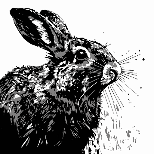 close up of expressive rabbit chewing, in style of charles williams, black and white, flat, vector, line drawling, white background ar 1:1
