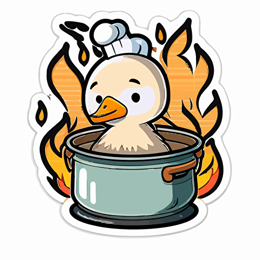 sticker, goose sitting in a pot on a stove with fire all around it, kawaii, contour, vector, white background s 1000