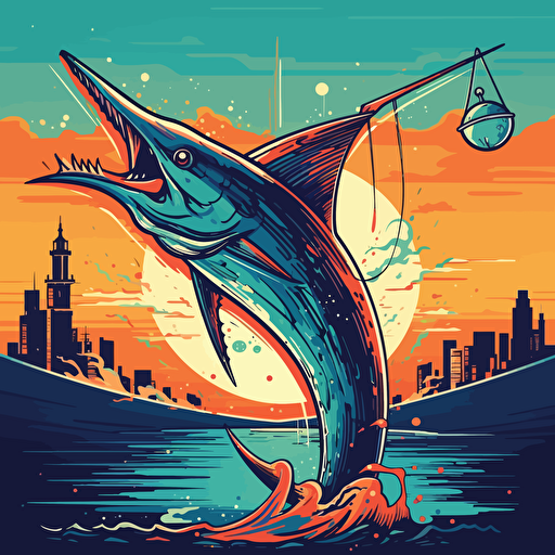 Vector Illustration of a big sword fish leaping out of the ocean on a fishing hook in vibrant colors with skyline background