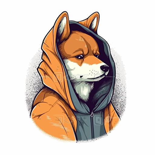 Shiba Inu wearing a hoodie, cartoon anime, 2/3 left side profile shot, sci