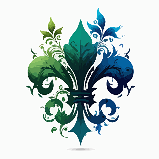 Blue and green fleur de lys, trust, reliability, loyalty, growth, harmony, nature, vectorized, illustrator, flat, 2d, white background
