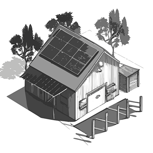 simple vector image of a workshop with trees and photovoltaic panels on the roof, black on white