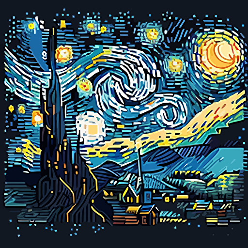 Craft a pixel art-inspired vector illustration of Van Gogh's "The Starry Night," utilizing small squares of color to represent the details and strokes of the painting.