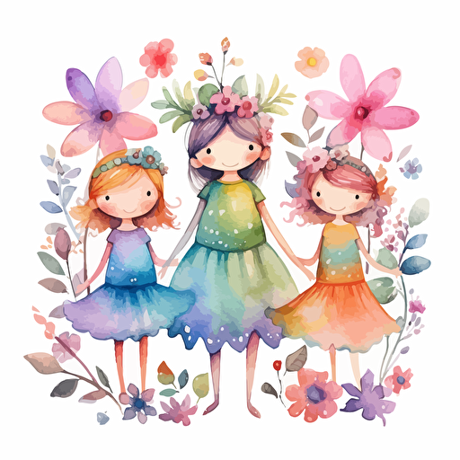 whimsical watercolor fairies and flowers in pastel hues, enchated, cute, for kids, Vector