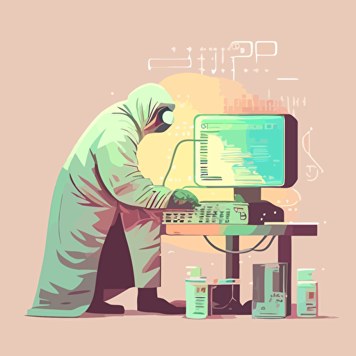 a computer technician coding some experiment project. pastel background, vector